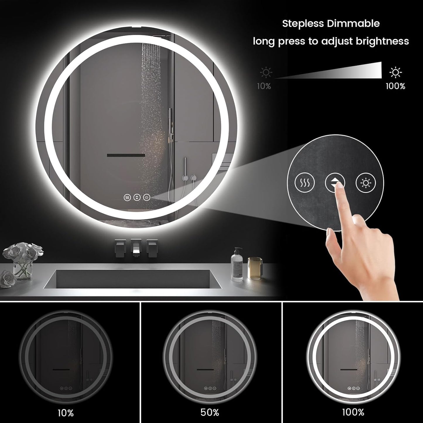 42" x 42" LED Bathroom Mirror with Lights, Backlit & Front Lighted, Wall-Mounted Vanity Mirror 3000K/4000K/6000K, Memory Functions, Anti-Fog, Dimmable Smart Mirror