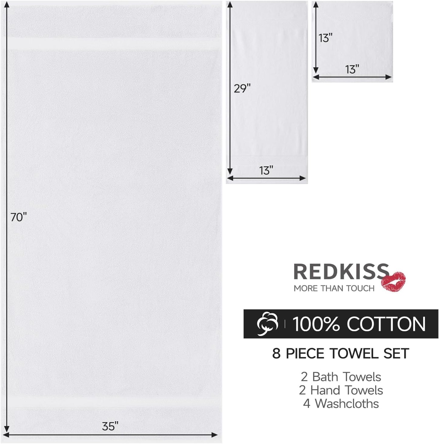 REDKISS Luxury Bath Towel Set of 8 Pieces - 100% Cotton, Super Absorbent, Quick-Dry | 2 XL Bath Sheets (35x70 in), 2 Hand Towels, 4 Washcloths | Hotel & Spa Quality-White