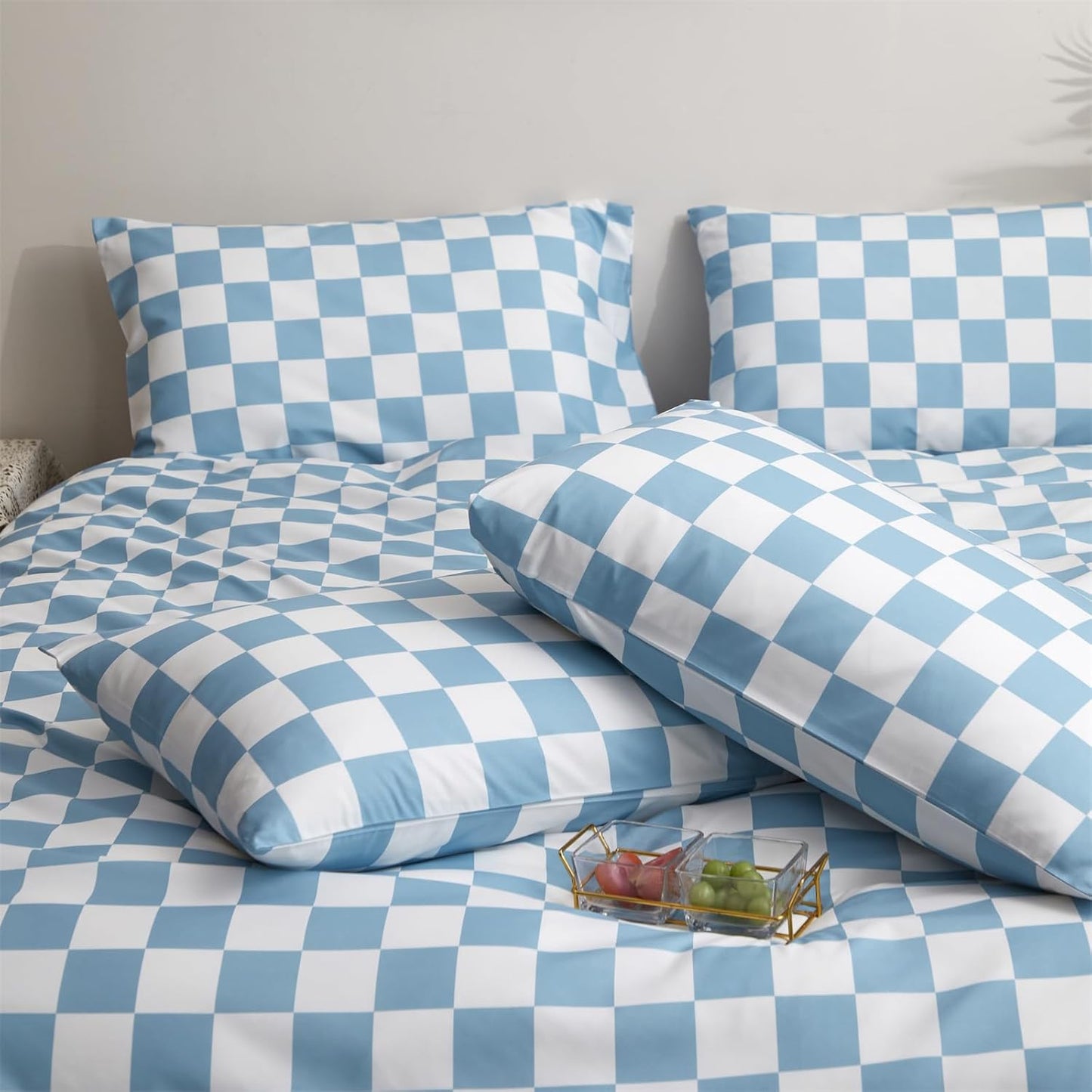 KAREVER Blue White Grid Comforter Set Twin Blue Plaid Bedding Set Girls Blue White Checkered Bed Blanket Set Kids Durable Breathable Bedding Comforter Set