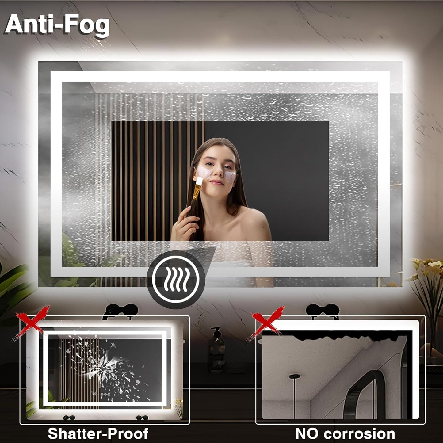 55"x36" LED Bathroom Mirrors for Wall, Front and Backlit Mirror, Anti-Fog Light up Mirror, Stepless Dimmable Lighted Mirror, 3 Colors Smart (Horizontal/Vertical)