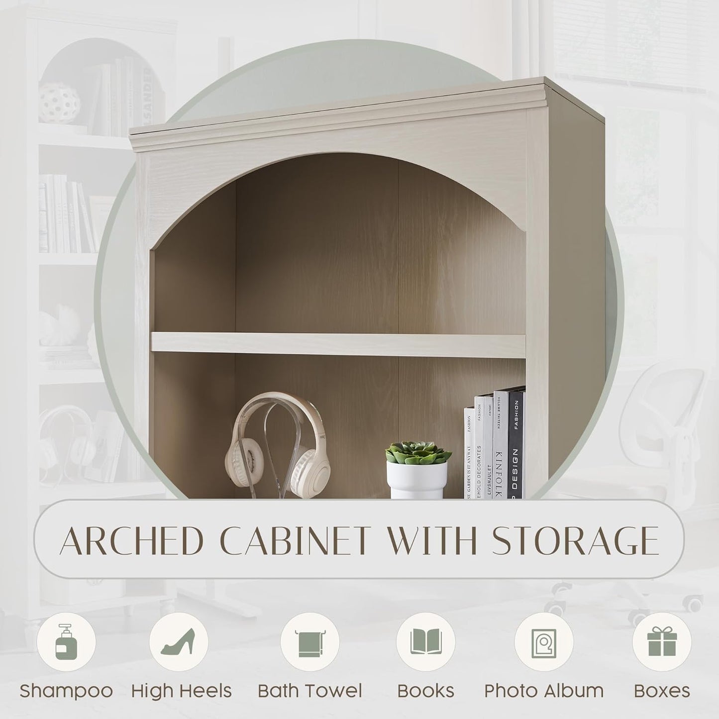 76" Tall Arched Bathroom Storage Cabinet, 5 Tiers Large Farmhouse Arched Cabinet w/Adjustable Shelves, Modern Wooden Storage Cabinet for Bathroom, Living Room, Entryway, Study Room (Cream)
