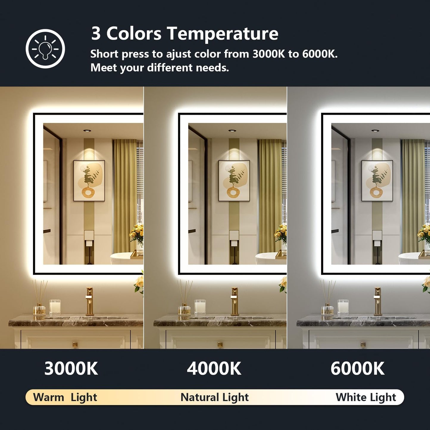 51x40 Inch LED Bathroom Mirror with Lights (Front Lit and Backlit) Black Framed Lighted Vanity Mirror for Bathroom Wall Dimmable Anti-Fog Memory Tempered Glass Horizontal/Vertical