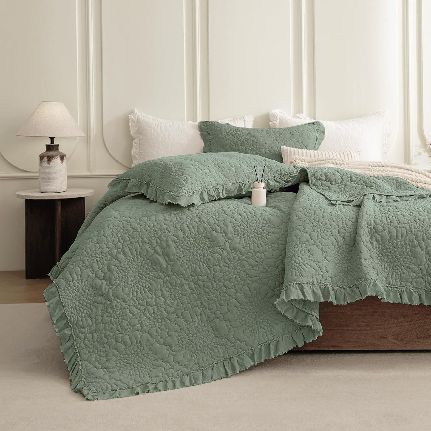 QSH Olive Green Stonewashed Cotton Oversized King Quilt Bedspread Set(128"x120"),3PCs Farmhouse Ruffled Bedspread California King,Ultra Soft Lightweight Crinkled Quilt Coverlet Set with Pillow Shams