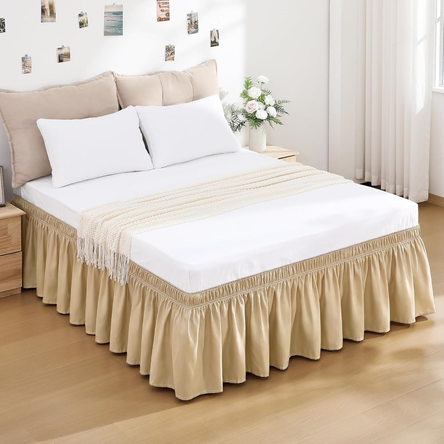 RIMELA Beige Bed Skirt Queen Size 18 Inch Drop, Wrap Around Elastic Bedskirt, Dust Ruffle for Adjustable Bed Base Machine Washable Easy to Install Bed Skirts