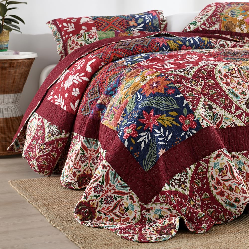 ENASAL Cotton Bedspread Quilt Sets Reversible Bedding Coverlet Sets Comforters Vintage Luxury Damask Floral Real Patchwork Burgundy Bedspread,Queen Size
