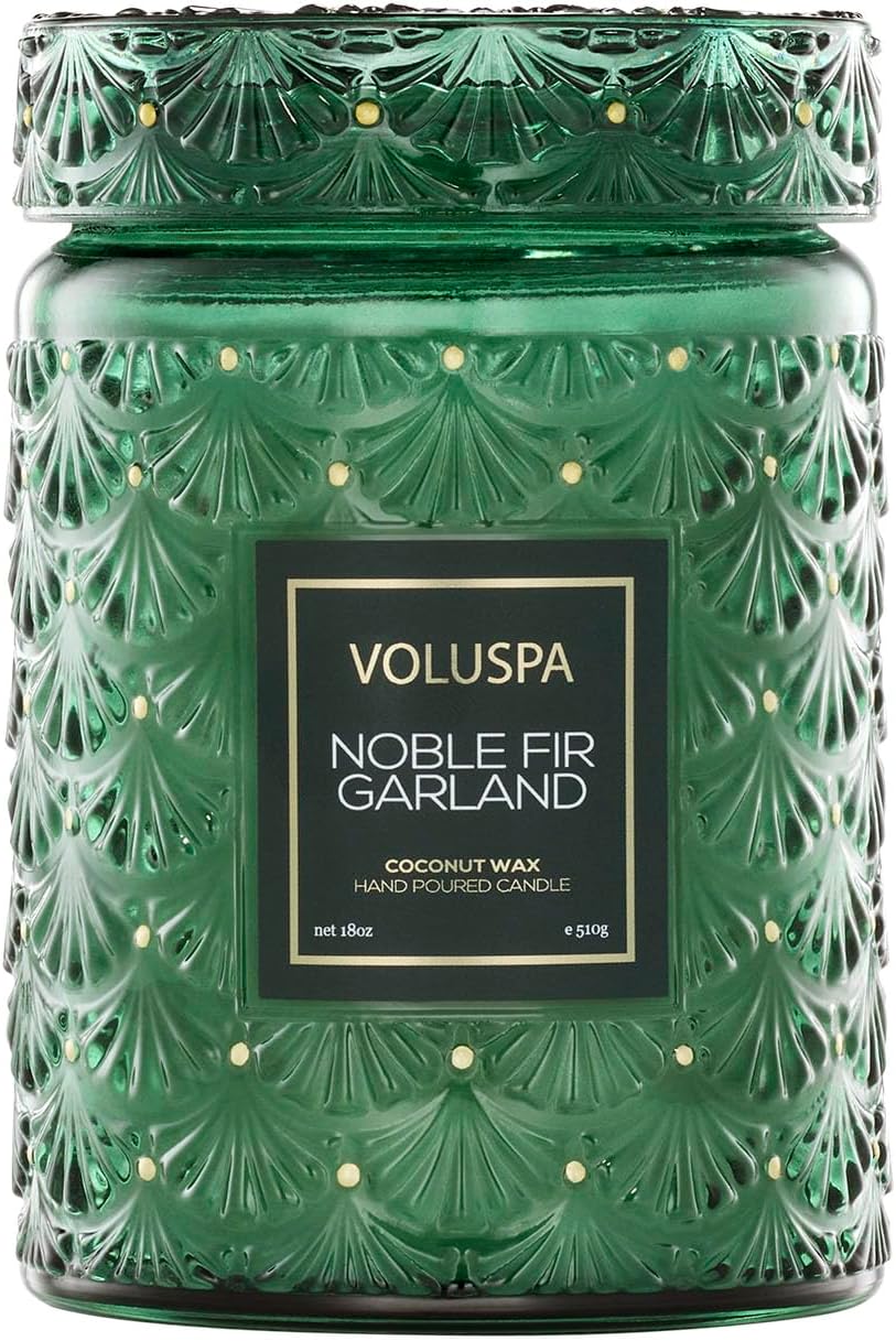 Voluspa Noble Fir Garland, Large Candle Jar, 18oz, Coconut Wax Blend, Christmas Scented Candles for Home, 100 Hour Burn Time, Poured in the USA