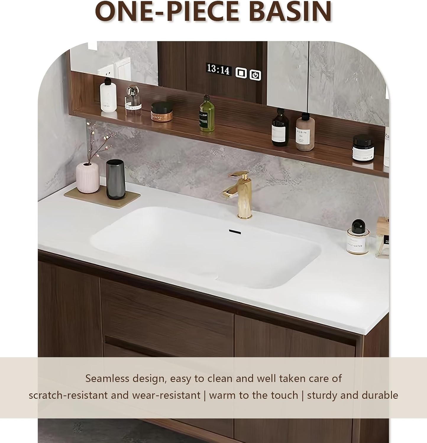 Bathroom Sink Vanity 48Inch, Floating Bathroom Vanity with LED Smart Defogging Mirror Cabinet and Open Shelf, Multi-Layer Solid Wood Bathroom Furniture Cabinet, Wall Mount Installation (Walnut)