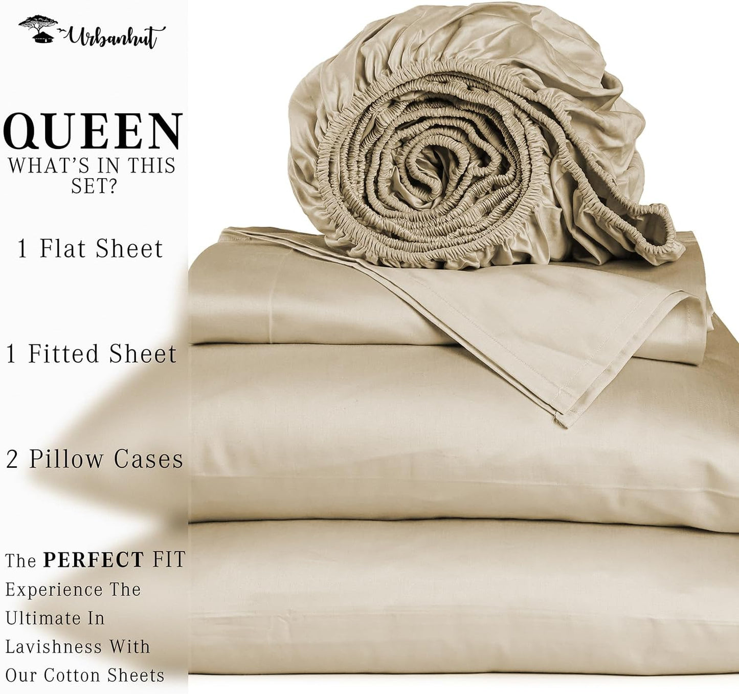 URBANHUT 700 Thread Count Egyptian Cotton Sheets Queen Size, 4Pc Sheet Set Soft Luxury Bed Sheets for Queen Size Bed, Sateen Weave Hotel Sheets, 16'' Elasticized Deep Pocket - Sand
