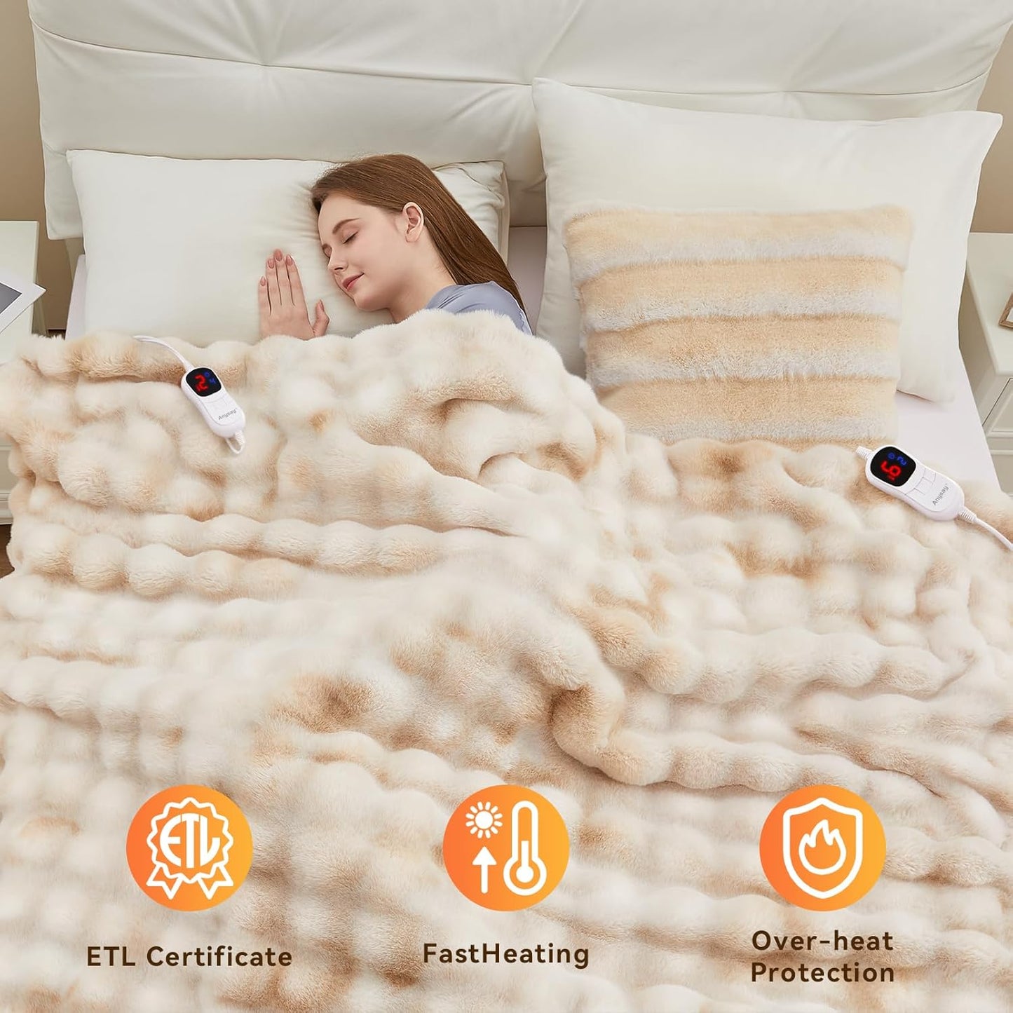 Heated Blanket King Size with 1/2/4/6/8 Hours Auto-Off 10 Heat Level, 90'' * 100'' Cozy Faux Rabbit Fur Bubble Electric Blanket with Overheat Protection(Tie-Dye Beige)