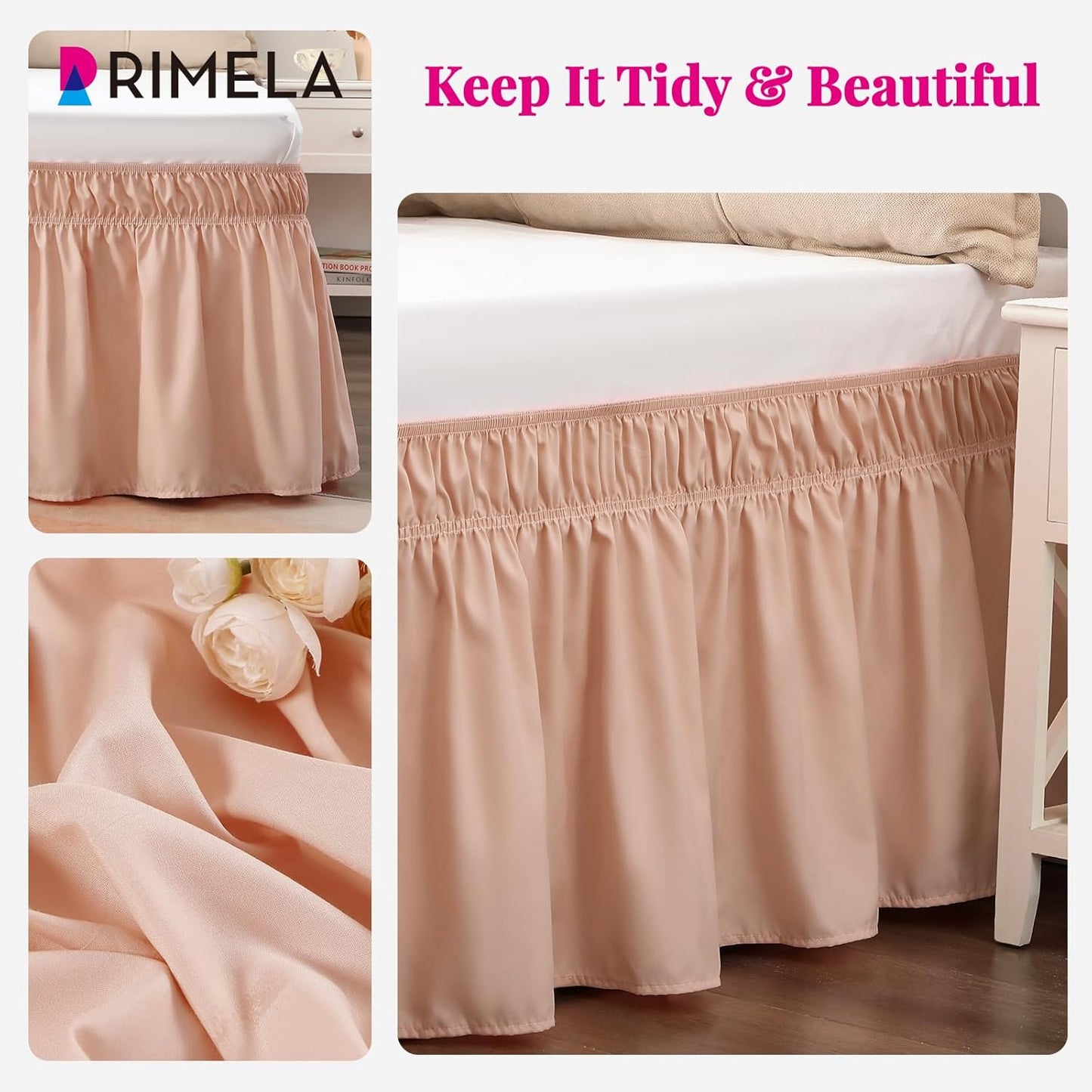 RIMELA Bed Skirt Queen Size 15 Inch Drop, Wrap Around Elastic Bedskirt Solid Microfiber Luxury Hotel Quality Fabric, Easy to Install Machine Washable Wrinkle & Fade Resistant, Flesh Pink