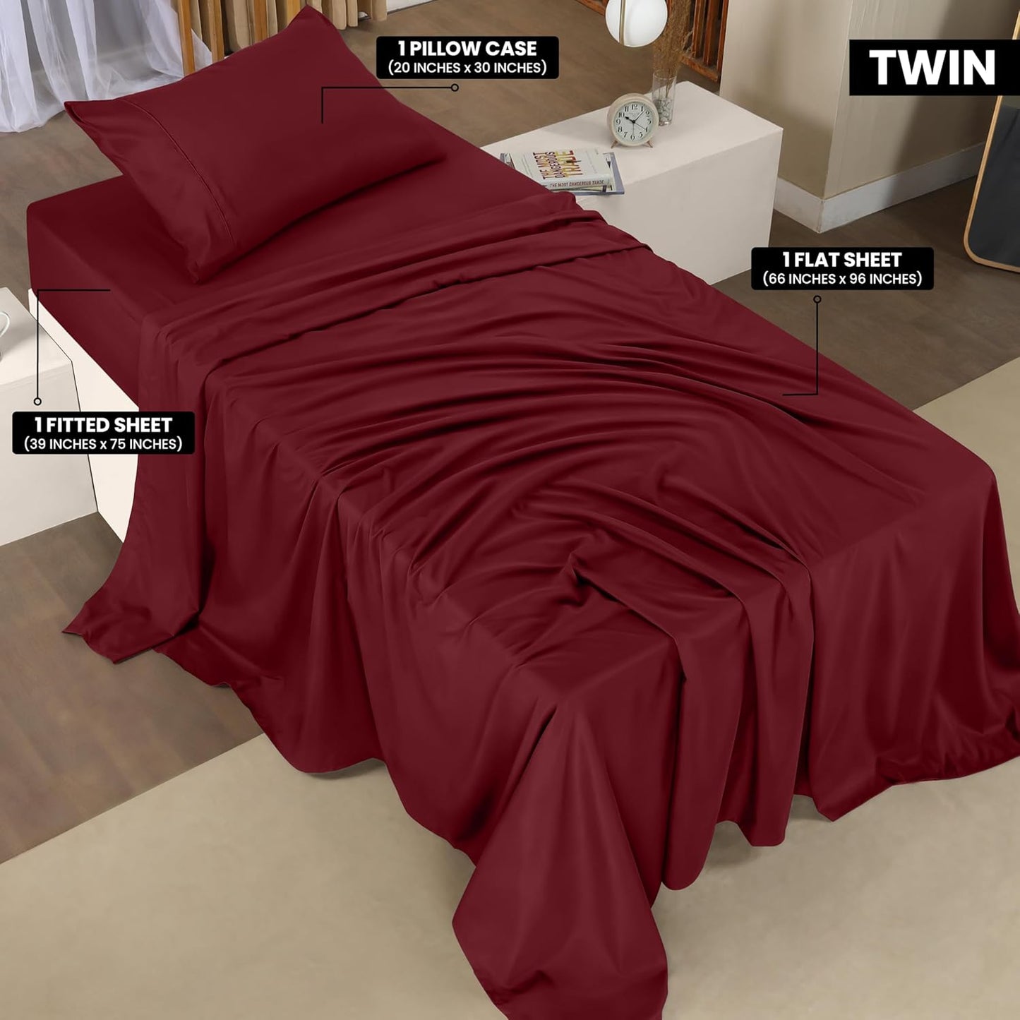 Utopia Bedding Twin Sheet Set – 3 Piece Bed Sheets for Twin Size Bed, Soft and Breathable Microfiber, Includes 1 Fitted Sheet, 1 Flat Sheet and 1 Pillowcase (Burgundy)