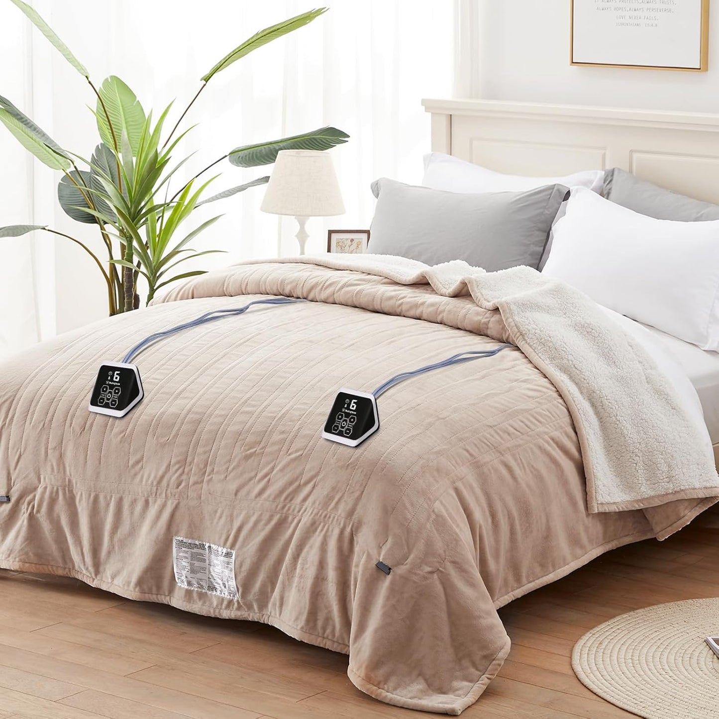 Westinghouse Heated Blanket King Size, Soft Flannel to Sherpa Electric Blanket with 10 Heating Levels, 1-12 Hours Auto Shut Off, Fast Heating, Machine Washable, 100x90 Inch, Beige