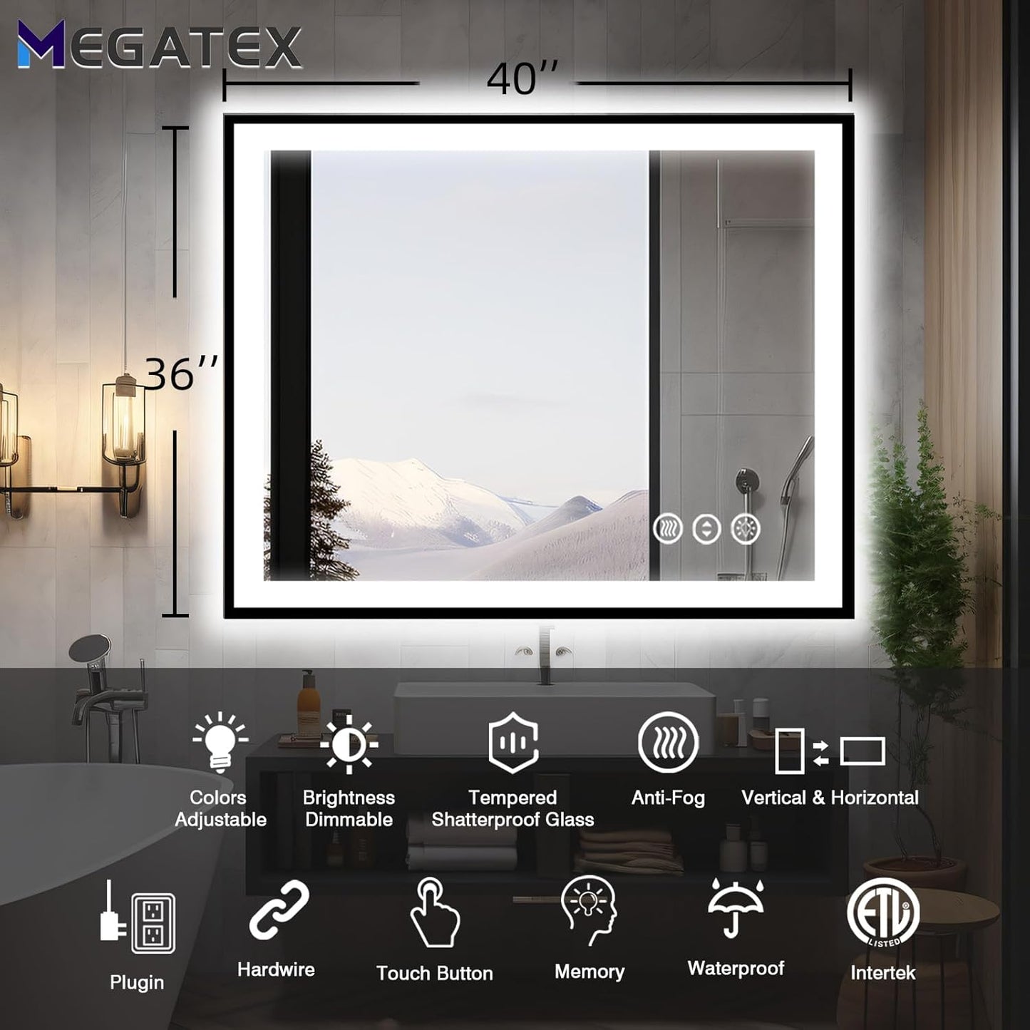 40x36 Lighted Bathroom Mirror, Wall-Mounted, Black Rim Mirror, Vanity(Front and Backlit), Stepless Dimmable CRI90+, Anti-Corrosion, Anti-Rust, Touch Sense, Memory(Horizontal/Vertical)