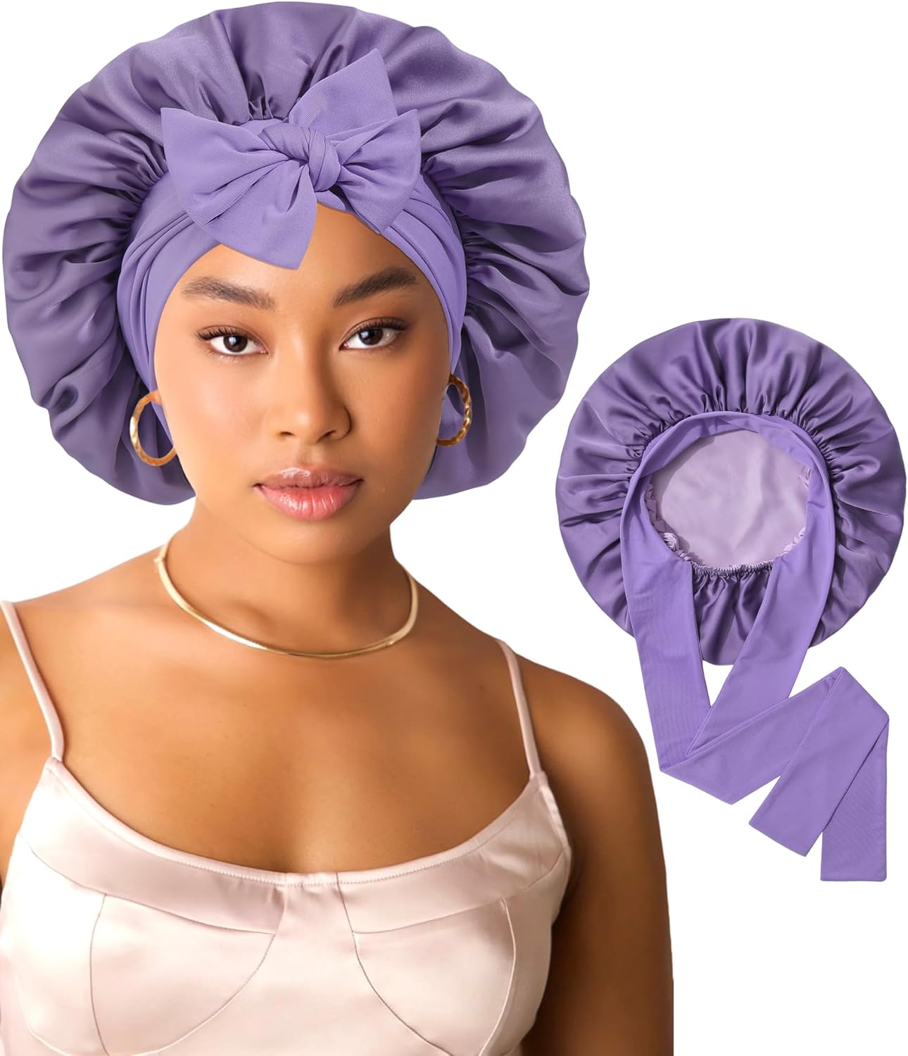 AWAYTR Women Satin Bonnet for Sleeping - Double Layer Silk Hair Bonnet with Elastic Tie Band for Braids Curly Hair