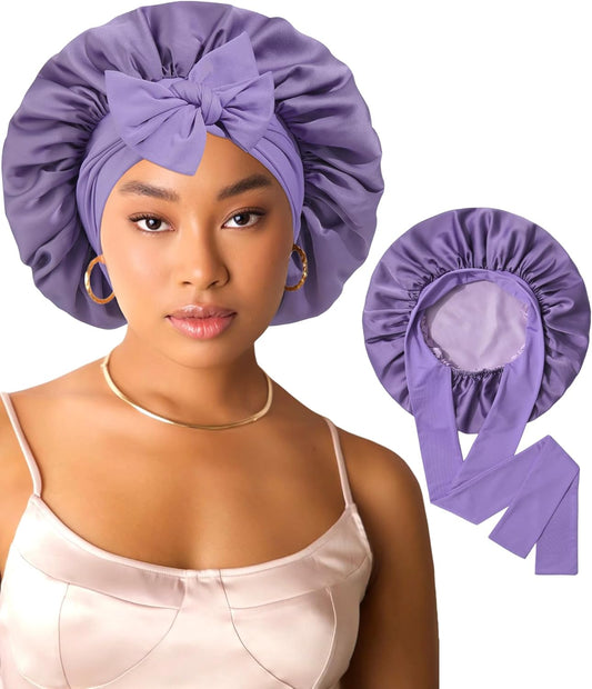 AWAYTR Women Satin Bonnet for Sleeping - Double Layer Silk Hair Bonnet with Elastic Tie Band for Braids Curly Hair