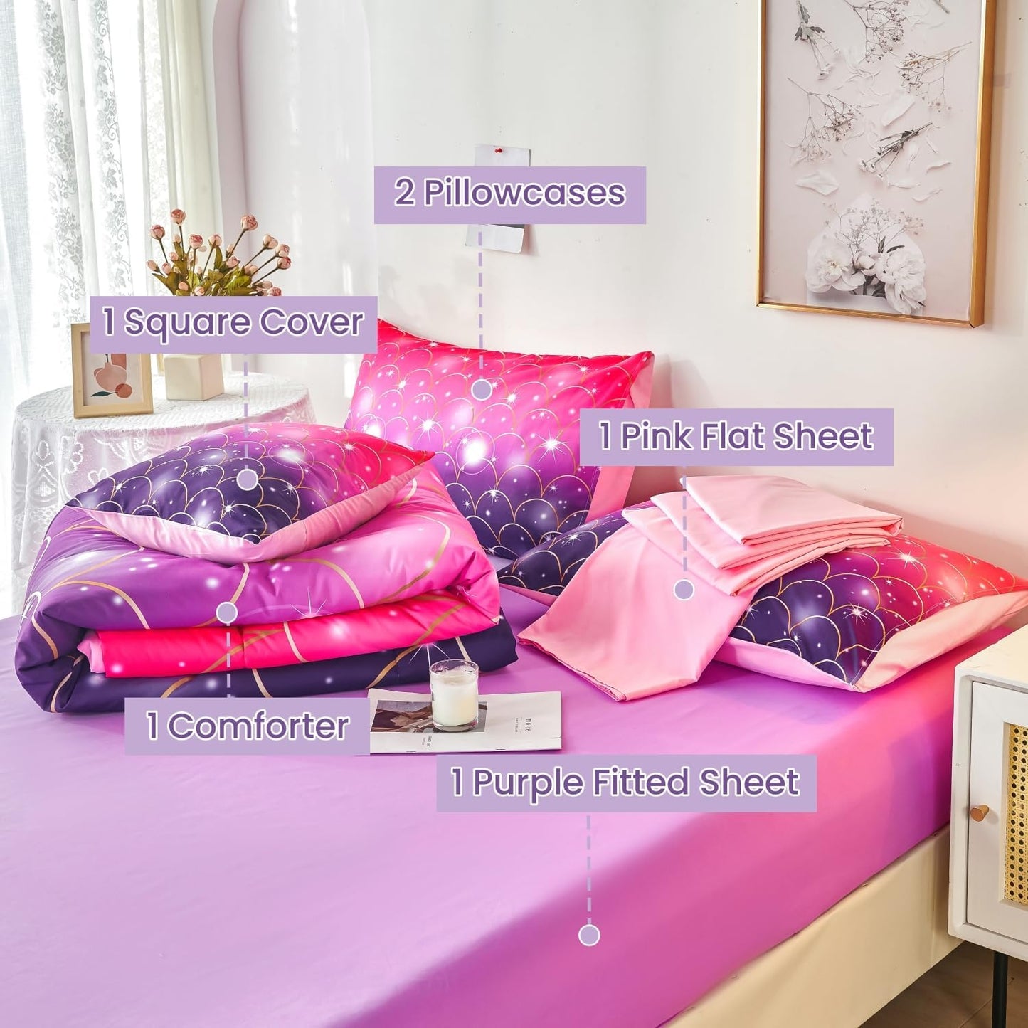 URBONUR 6Pcs Gradient Glitter Comforter Set Queen Size for Girls Sparkle Mermaid Pink Purple Bed in A Bag Soft & Breathable Kids Teen Queen Bedding Set