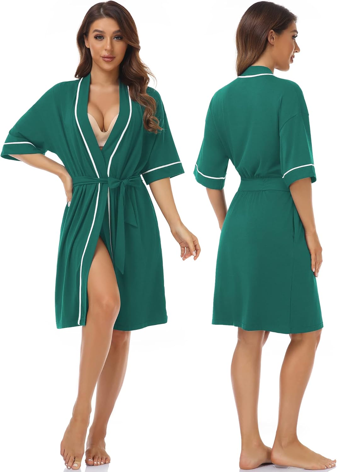 COLORFULLEAF Womens Bamboo Short Robes Lightweight Kimono Cotton Robe Soft Knit Bathrobe Ladies Loungewear with Pockets