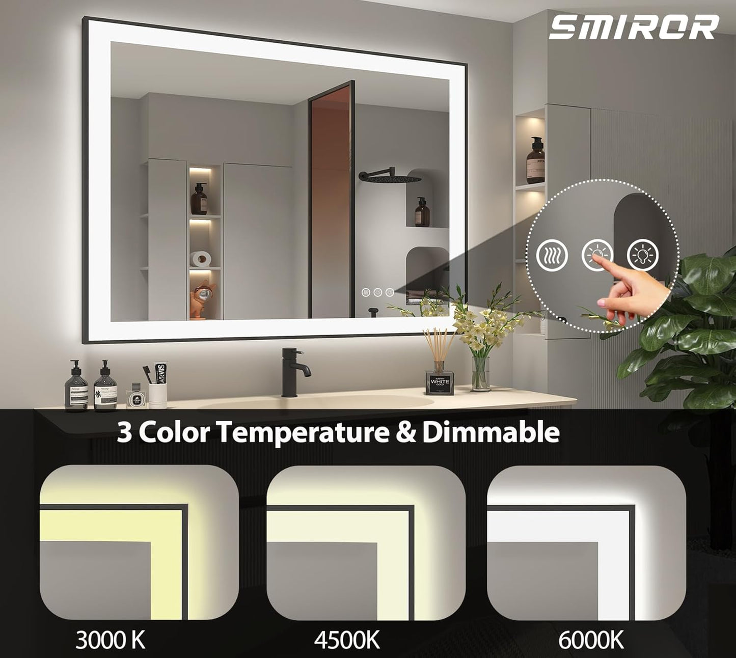 SMIROR 40x36 Vanity Mirror with Lights, Matte Black Framed LED Lighted Bathroom Mirrors for Wall, Front and Backlit, Dimmable, Anti-Fog, Memory, Shatterproof, ETL Listed (Horizontal/Vertical)
