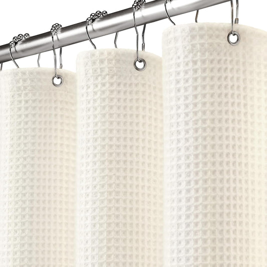 Extra Long Waffle Shower Curtain - Ivory Cotton Texture Fabric Heavyweight Shower Curtain for Bathroom,72Wx90L