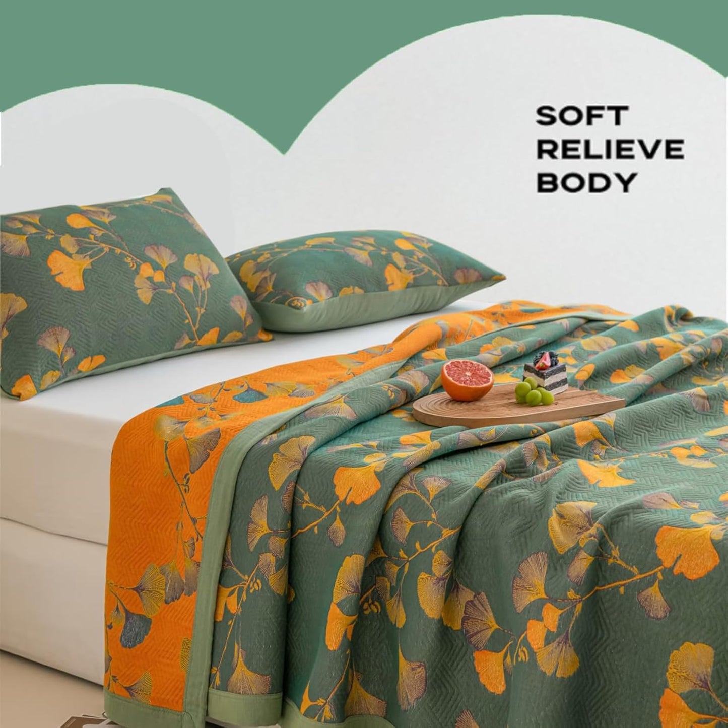 Ginkgo Leaf Cotton Quilt Dark Green Orange Reversible King Size Bedspread Coverlet for All Seasons Lightweight Muslin Quilt Throw Blanket for Bed, Couch