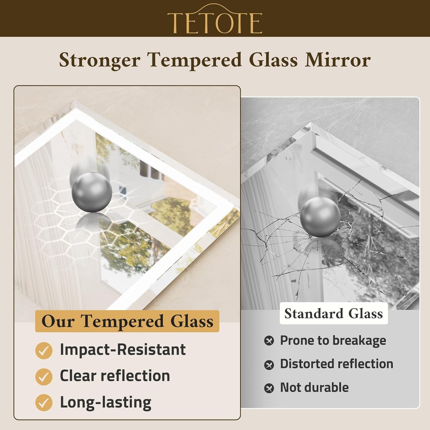 TETOTE Led Lighted Bathroom Mirror with Beveled Edge, 24 x 36 Inch Frontlit & Backlit Bathroom Vanity Anti-Fog Mirror with Extra-Bright Lights, 3-Color Dimmable, Tempered Glass, Waterproof