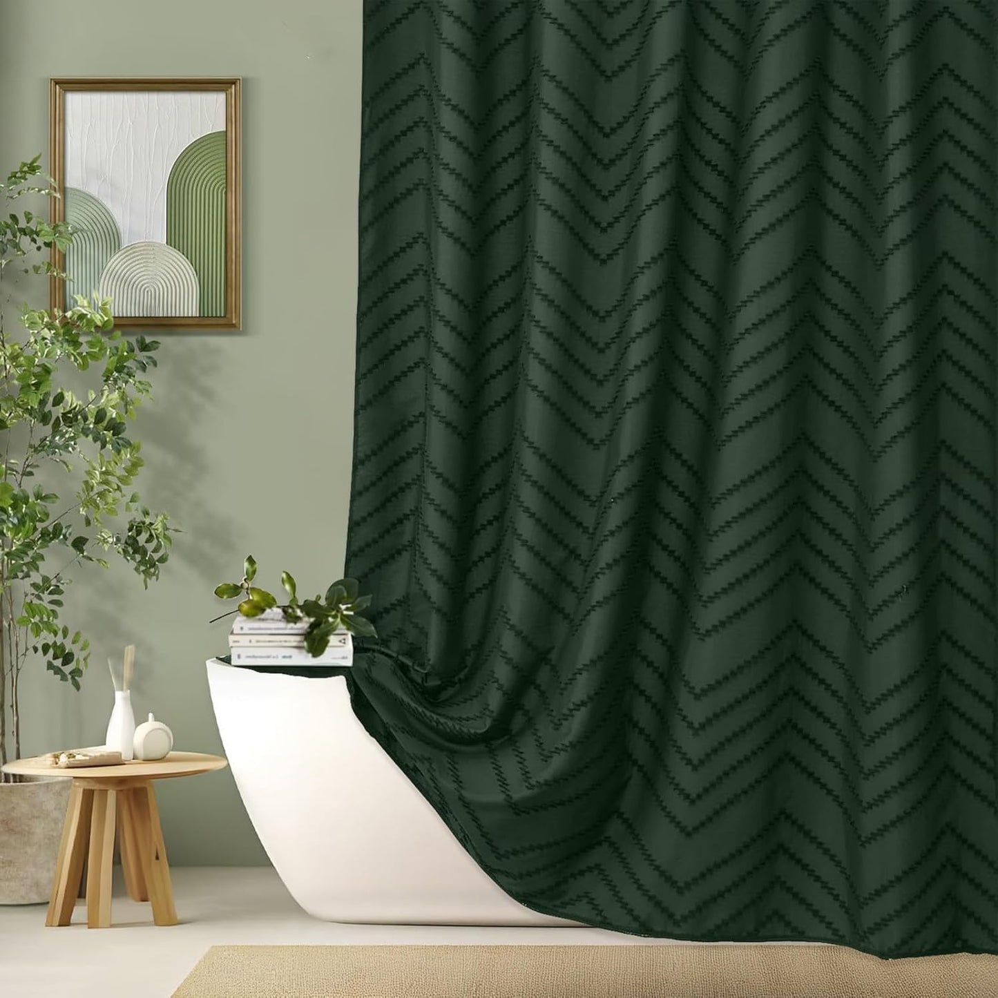 96inch Extra Long Dark Green Boho Shower Curtain Woven Fabric Shower Curtain Tufted Chervon Textured Shower Curtains Modern Minimalist Shower Curtains for Bathroom