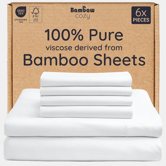 Bambaw 100% Viscose Derived from Bamboo Sheets Queen Size– 6pcs Queen Sheet Set Cooling Sheets, Breathable Bed Sheets, Fits Up to 16'' with Elastic Corner Straps, Super Soft Sheets Queen Size (White)