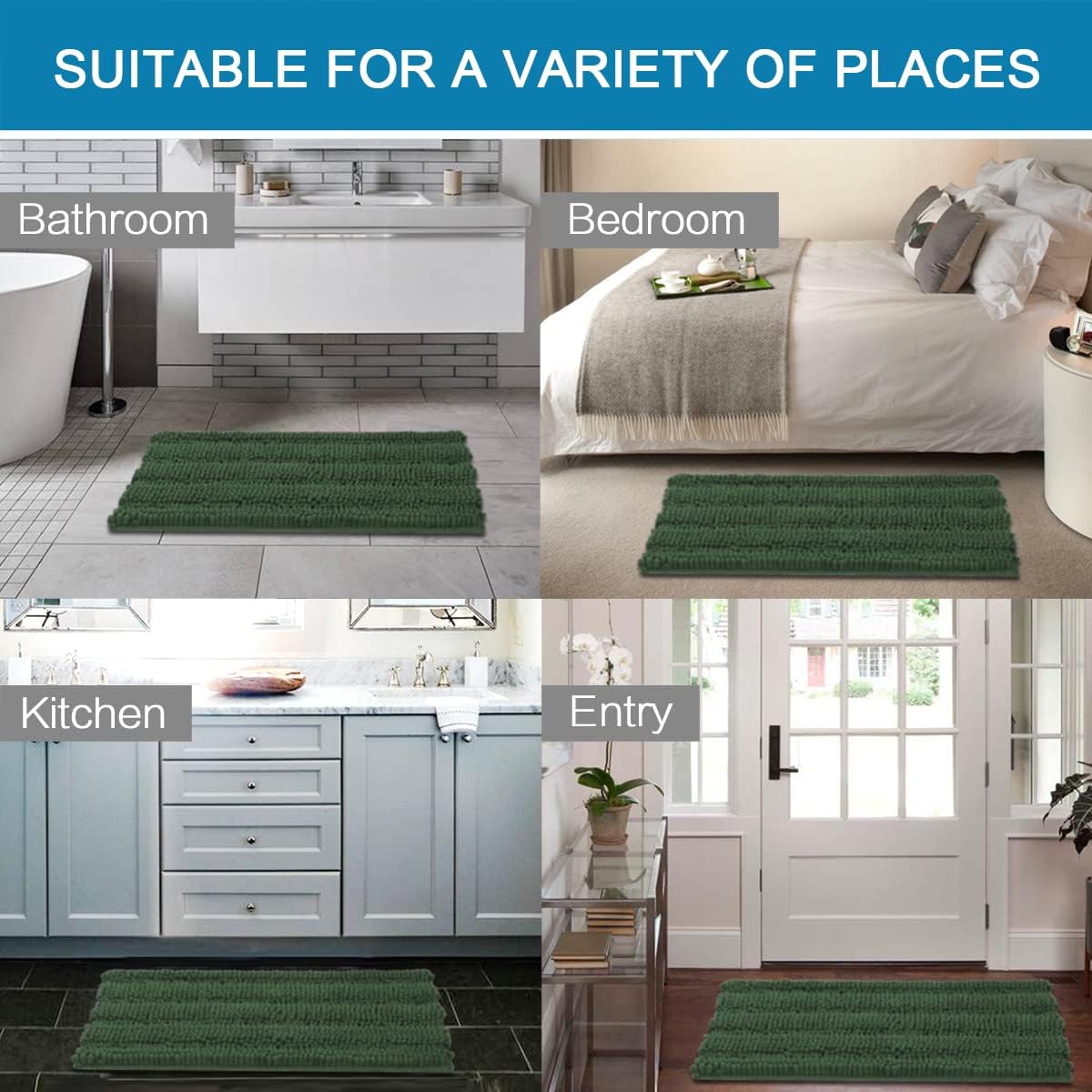 H.VERSAILTEX Bathroom Rugs Bath Mats Sets Super Absorbent Chenille Striped Bath Mats Non Skid Machine Wash Dry Rugs for Bathroom Floor Set of 2(Bronze Green, 47 x 17 Plus 17 x 24 - Inches)