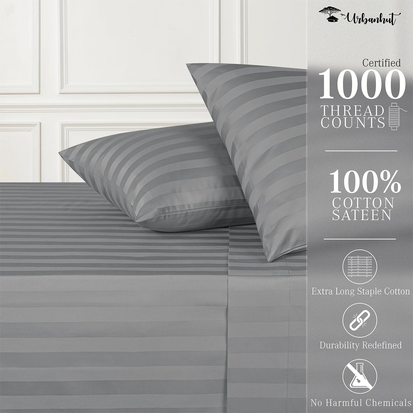 URBANHUT 1000 Thread Count Egyptian Cotton Sheets Damask Striped King Size, Long Staple Soft & Breathable, 4 Pc Bed Sheet Sets, Luxury Hotel Sateen Sheets Fits 16" Deep Pocket - Dark Grey