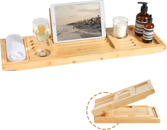 Bamboo Bathtub Tray | Splash-Proof Adjustable (28-40 Inch) | Non-Slip Pads, Wine Holder & Tablet Stand | Bath Relaxation & Reading Essentials