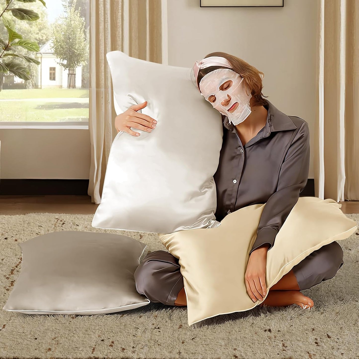 BHZ Satin Goose Down Feather Pillows King Size Set of 2 with White Satin Pillowcase for Hair and Skin, Cooling Pillow Cases Similar to Silk Pillow Cases, Decorative for Women, Mom Men