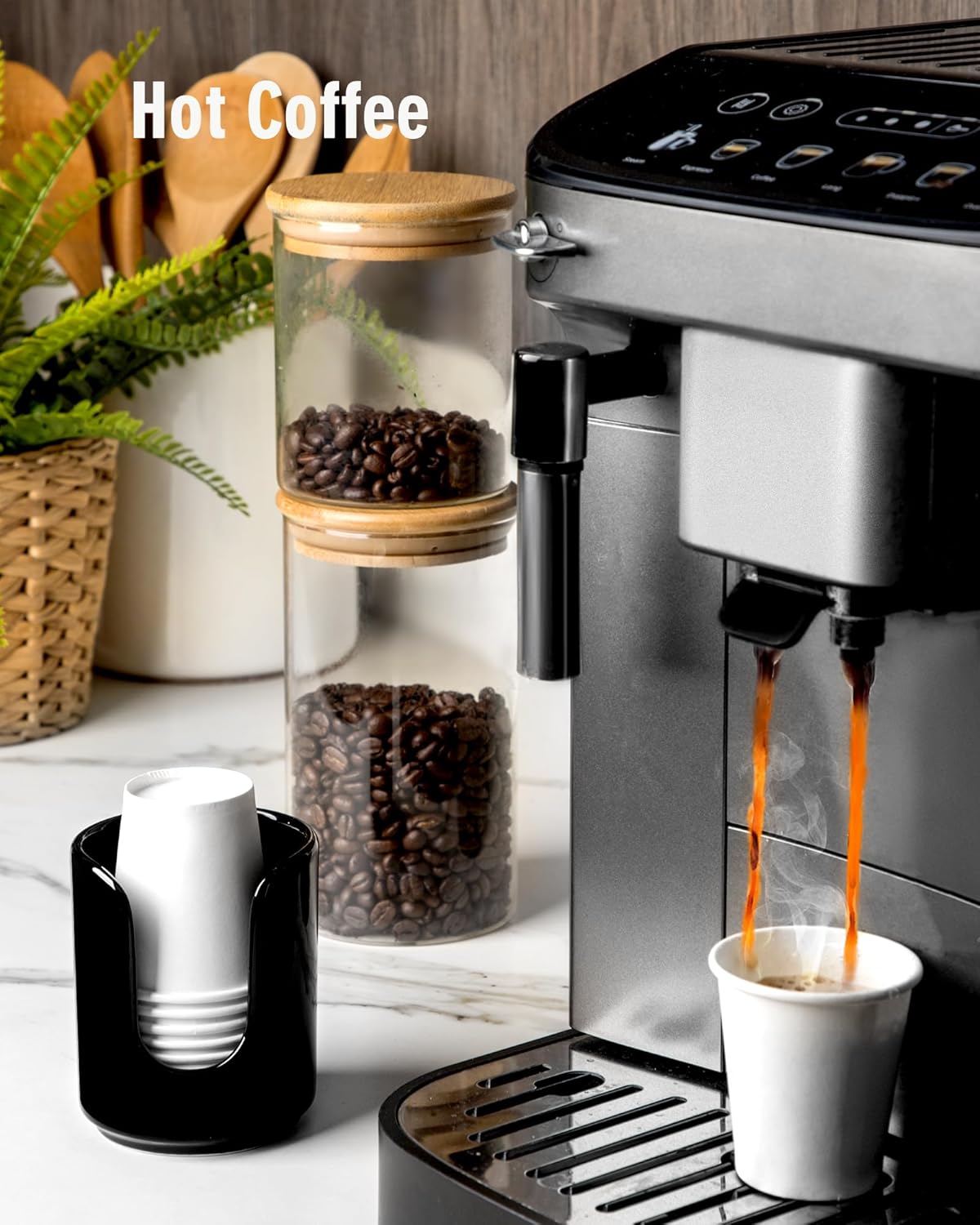 3 oz Original Ceramic Bathroom Cup Dispenser with 5 PLA Paper Cups, Bathroom Essential Accessories for Mouthwash Holder on Bathroom Vanity Countertops (1 Pack, Black)