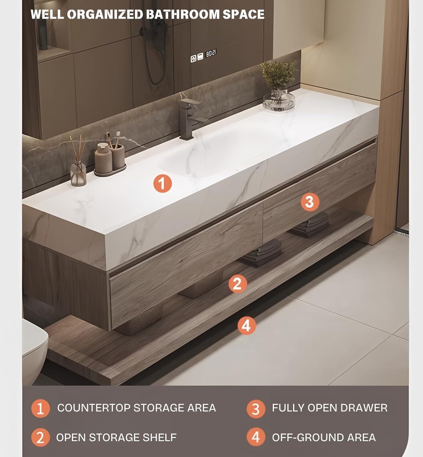 Floating Bathroom Sink Vanity 68Inch, Solid Wood Bathroom Vanities Set Includes Smart Rectangular Mirror, Slate Countertop and Integrated Sink, Modern Bathroom Cabinet with Drawers and Open Storage