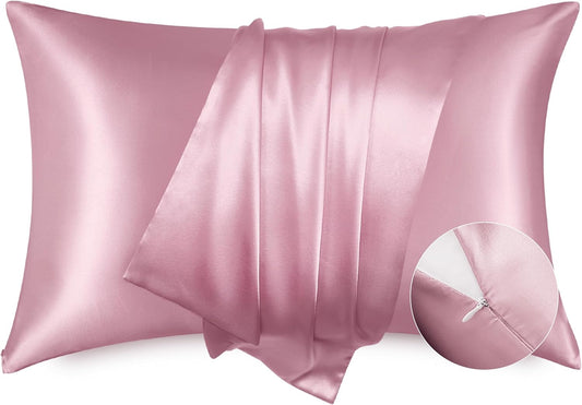 Bedsure Satin Pillowcase with Zipper, Similar to Silk Pillow Cases 2 Pack, Silky & Soft Satin Pillow Cases Standard Size for Hair and Skin, Gifts for Women, Pink Room Decor for Girls, 20x26 Inches