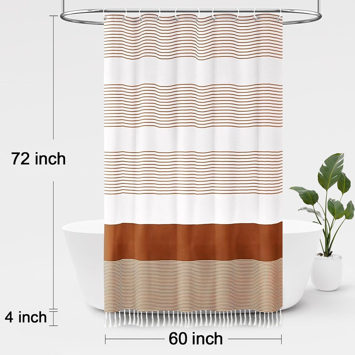 Awellife Boho Orange Shower Curtain for Bathroom Farmhouse Cotton Stripe Tassel Shower Curtain Natural Texture 72" L x 60" W