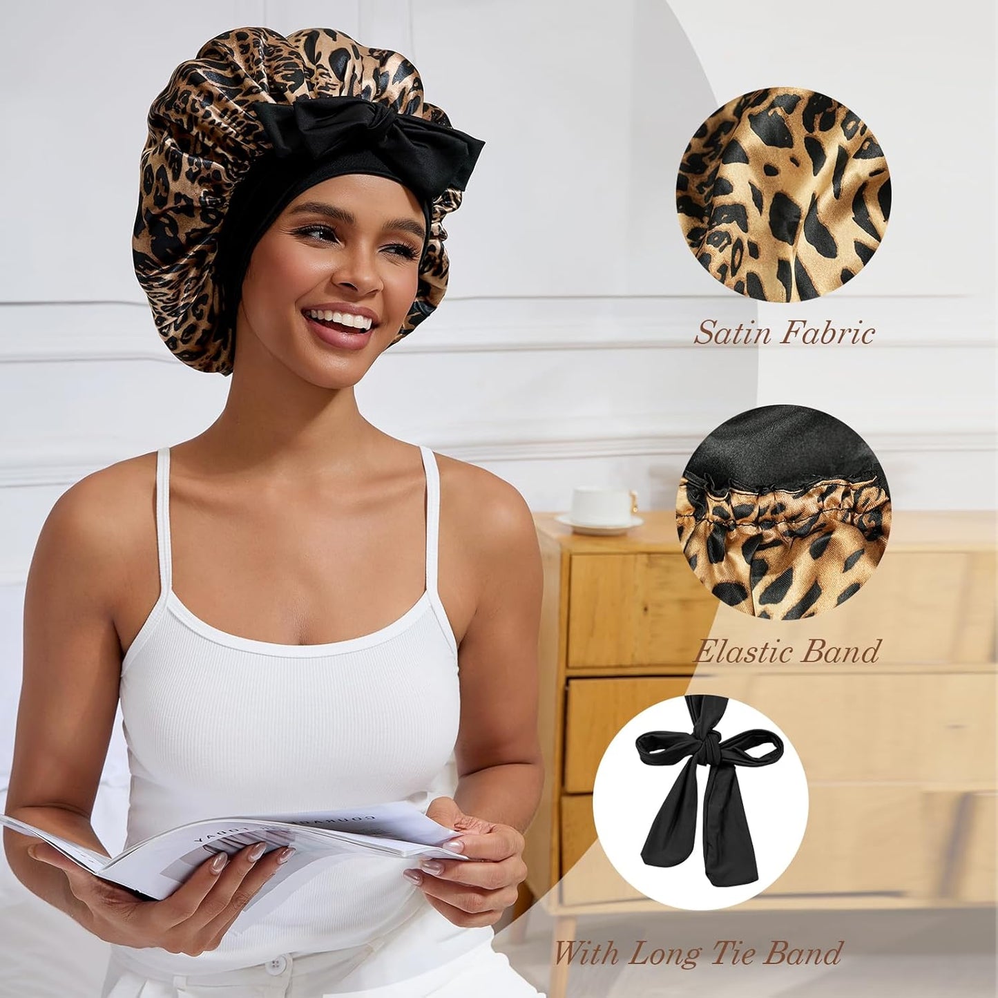 Satin Hair Bonnet for Sleeping Women, Double Layer Silk Bonnets for Women with Tie Band, for Braids Curly Long Hair