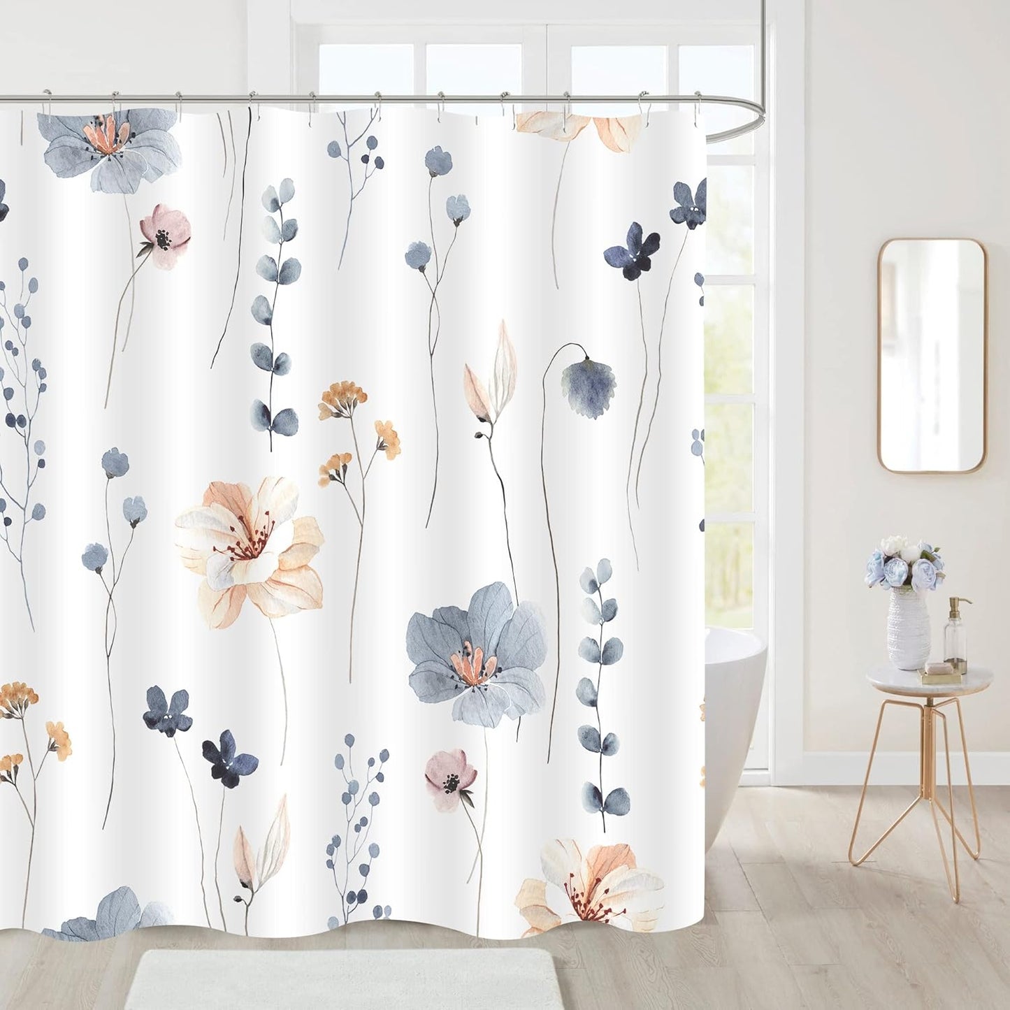 Gibelle Small Stall Shower Curtain 36 x 72, Narrow Half Watercolor Floral Fabric Shower Curtain, Blue Beige Flower Decorative Bathroom Shower Curtain Set with Hooks