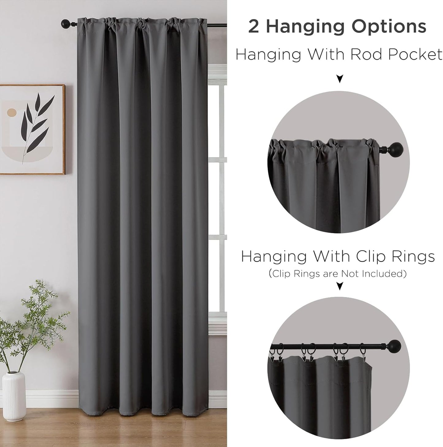 CUCRAF Light Grey Blackout Curtains 63 inch Length 2 Panels Set, Rod Pocket Room Darkening Drapes for Bedroom Living Room, Insulated Thermal Light Blocking Window Curtain (W52 x L63 Inch)