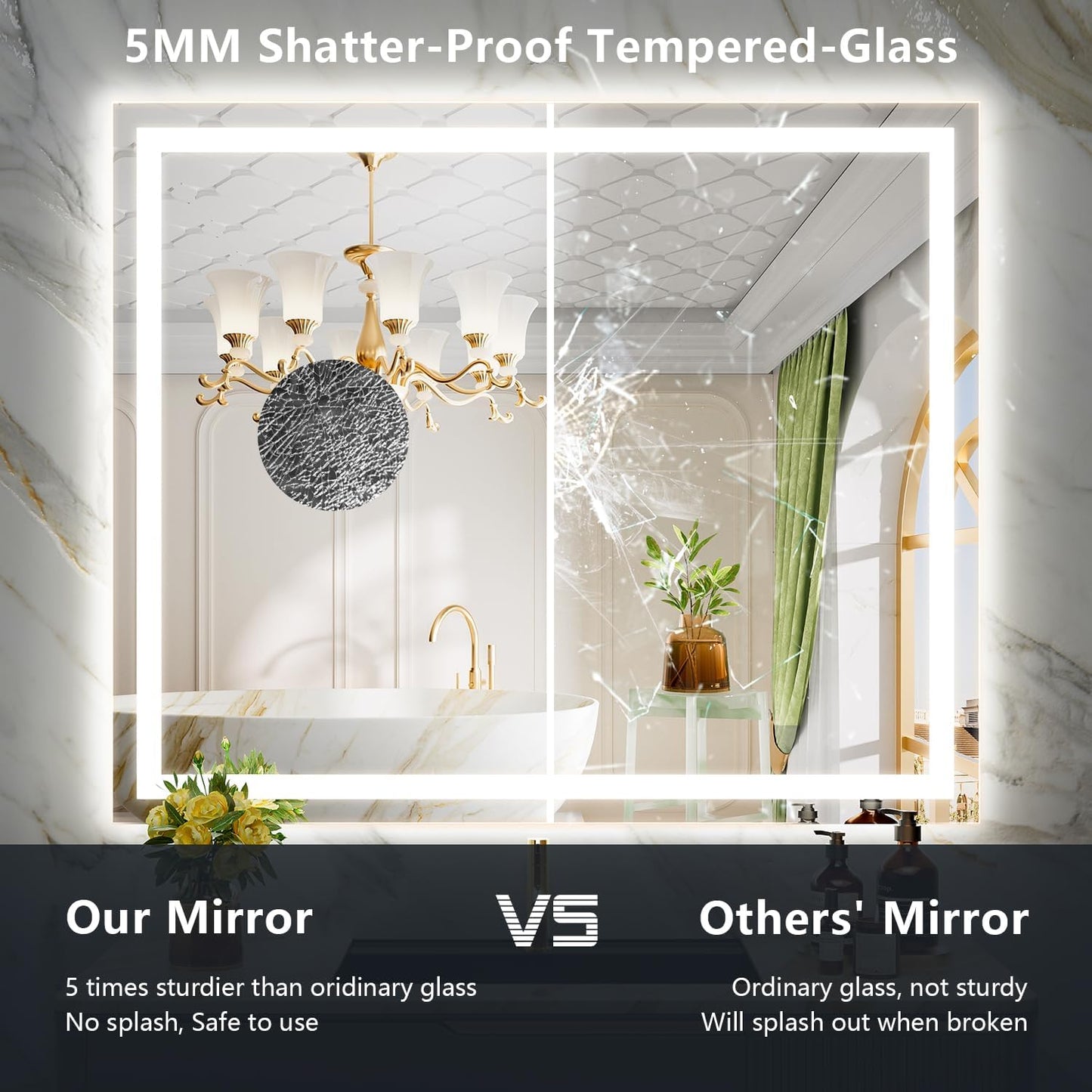 48x40 Inch LED Bathroom Mirror with Lights Front and Backlit Lighted Vanity Mirror for Bathroom Wall with 3 Colors Dimmable Anti-Fog Memory Tempered Glass Horizontal/Vertical