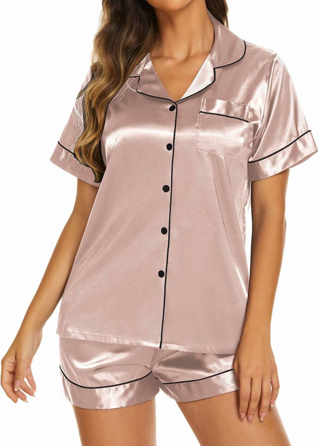 Ekouaer Silk Pajamas for Women Short Sleeve Sleepwear Soft Button Down Loungewear 2 Piece Satin Pjs Shorts Set
