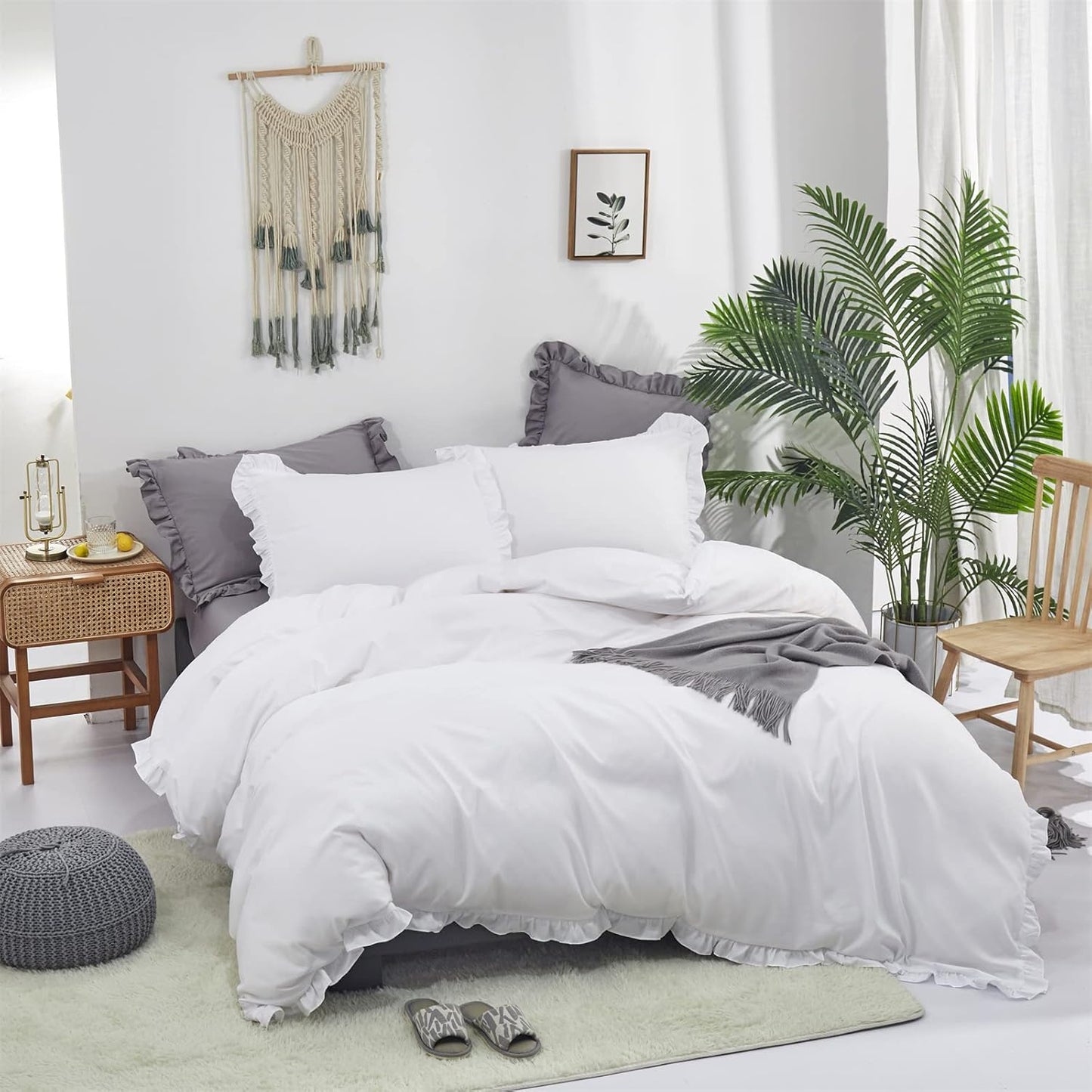 Cottonight White Comforter Set Full Ruffles White Bedding Set Farmhouser Boho Blanket Quilt Plain Vintage Friange Soft Breathable Comforter Set
