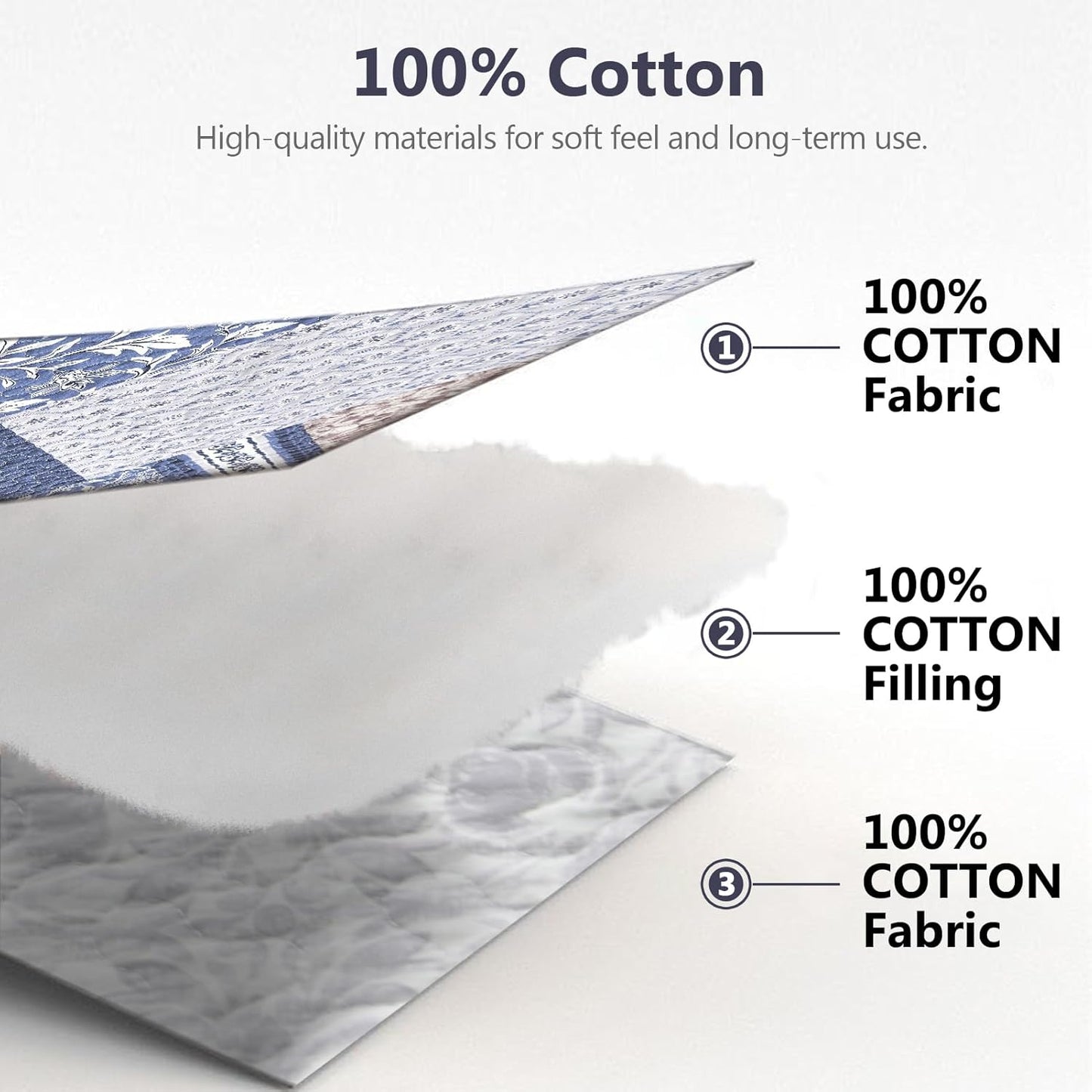 100% Cotton Quilt Set Queen Size - Floral Quilted Comforter, Patchwork Botanical Queen Quilt Bedspread, Reversible Vintage Farmhouse Lightweight Bedding for Queen Bed, 3pcs, Blue/Beige