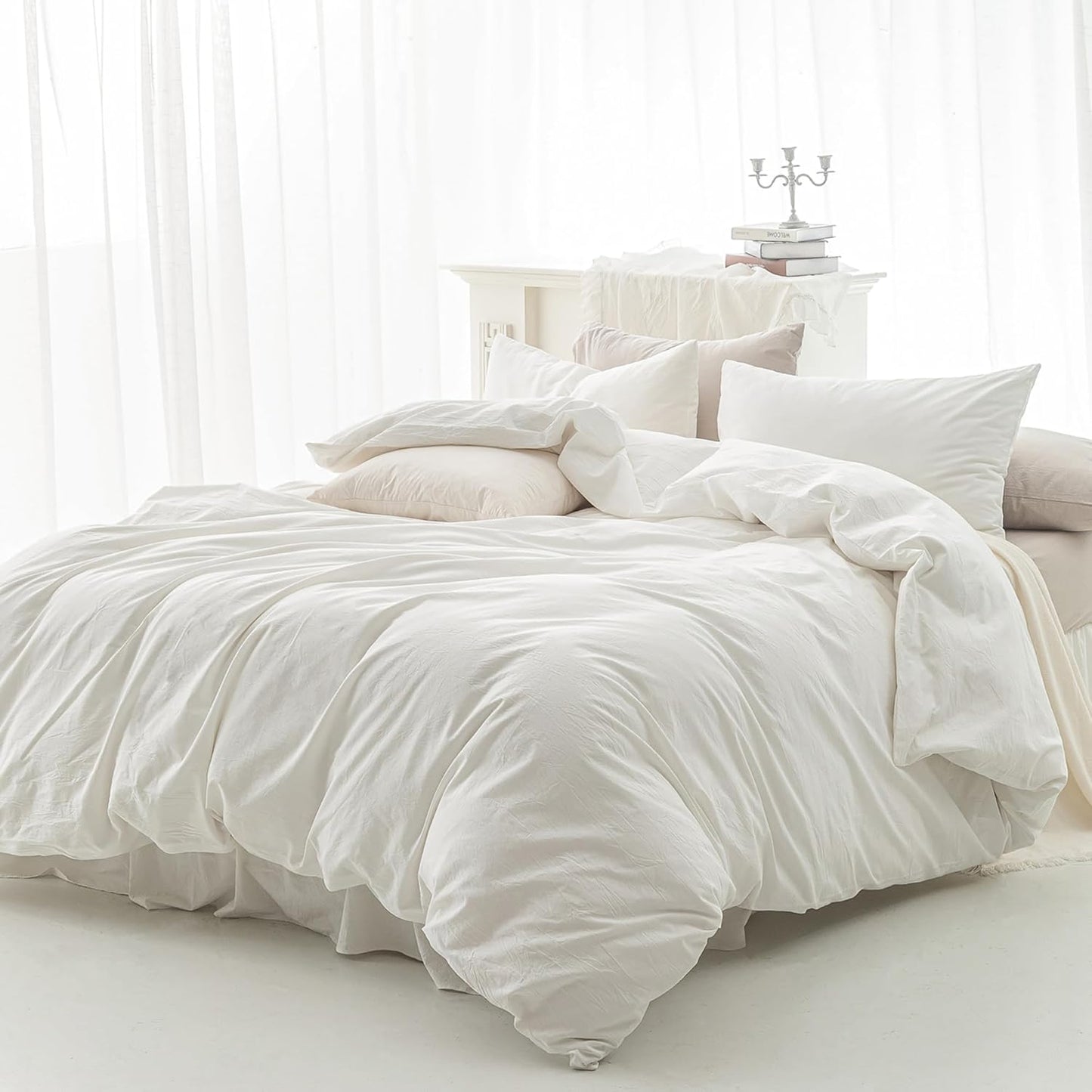 FOSSA Duvet Cover Set 100% Washed Cotton Linen Feel Super Soft Breathable Cozy 3 Pieces Bedding Sets Solid Off White California King