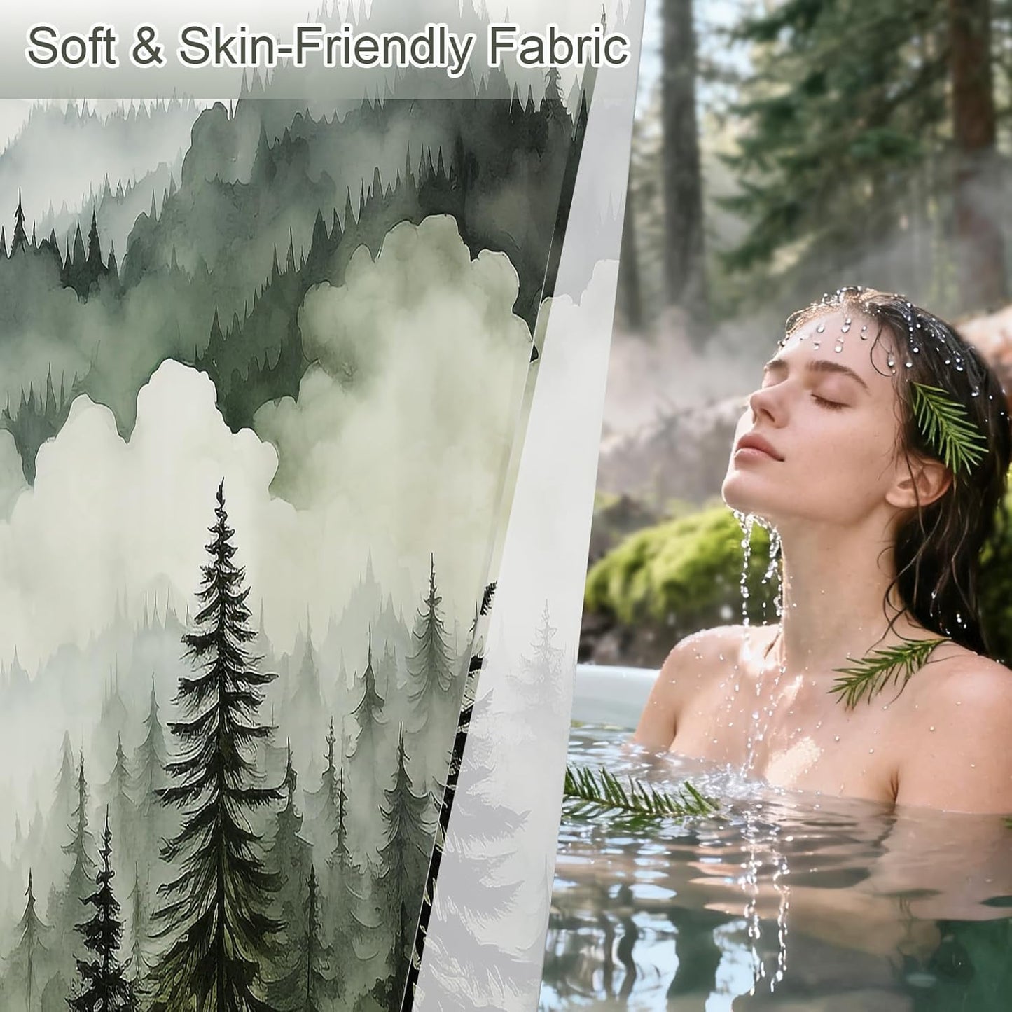 Dark Green Long Misty Pine Forest Shower Curtain 72 x 78, Mountain Foggy Woodland Scenery Tree 78 Inch Long Shower Curtains for Bathroom, Abstract Waterproof Nature-Themed Decor