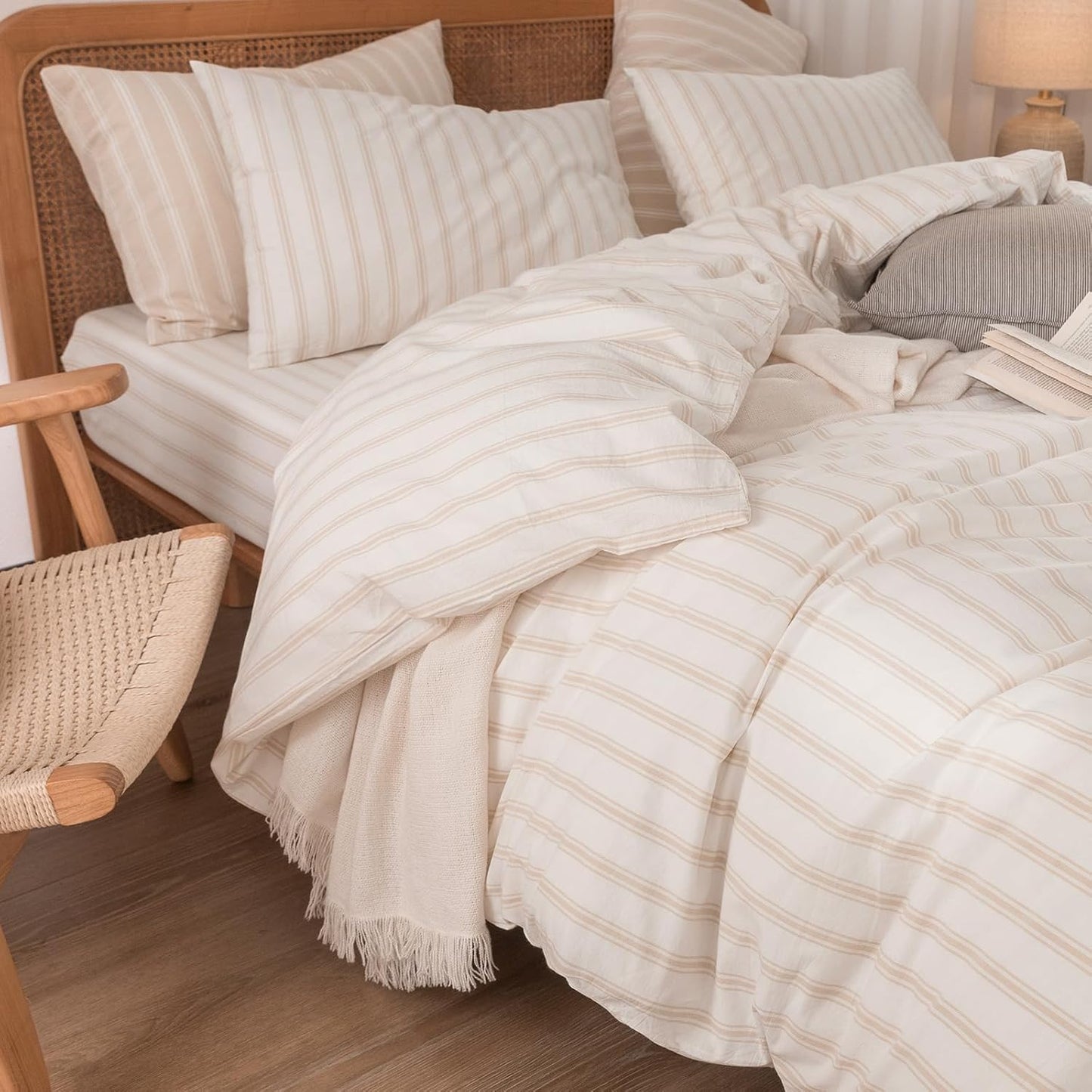 BESTOUCH Duvet Cover Set 100% Washed Cotton Linen Feel Super Soft Comfortable Chic Lightweight 3 PCs Home Bedding Set White & Almond Grey Stripes King