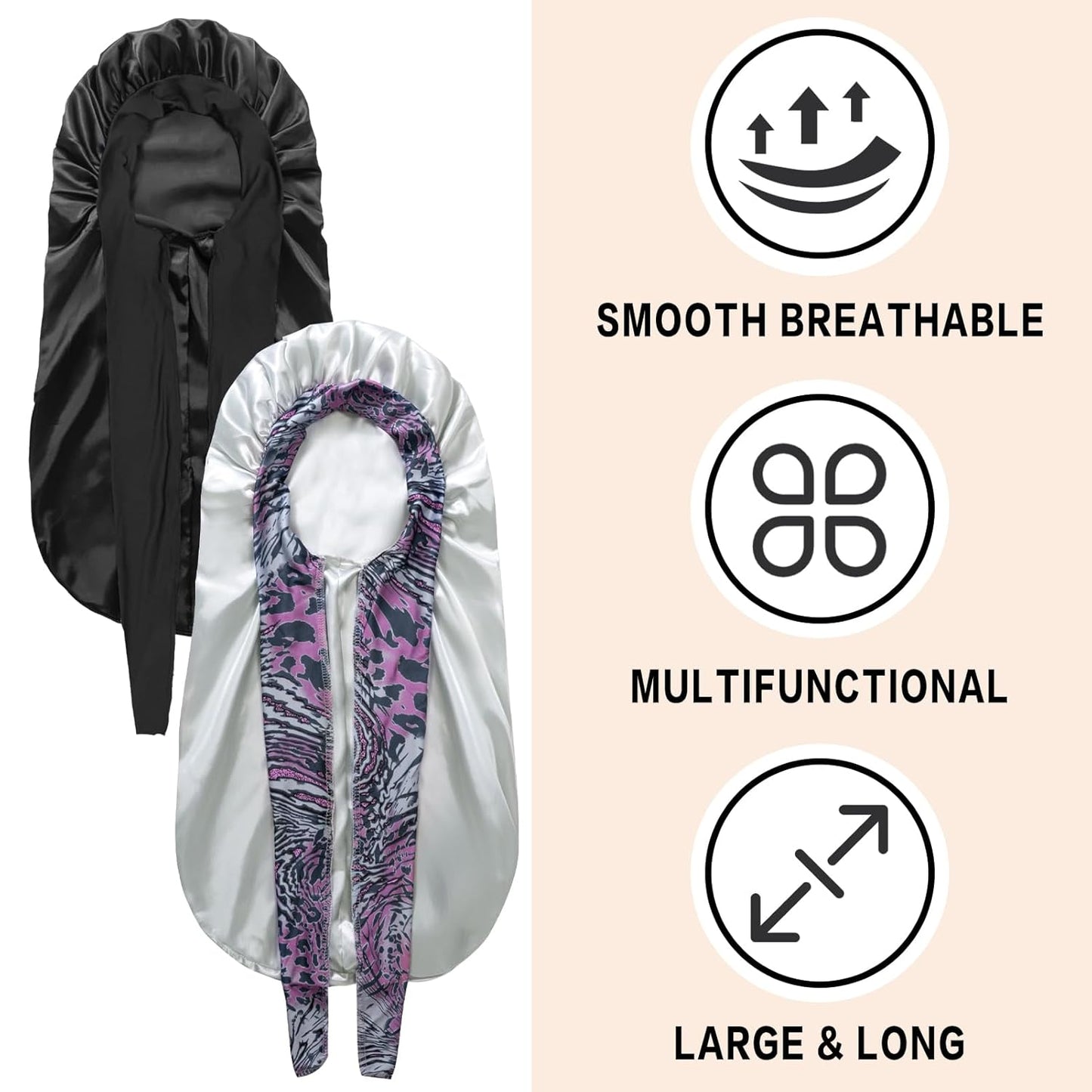 2Pcs Bonnets for Black Women Braid Bonnet, Large Long Satin Silk Bonnet for Braids, Women Braid Bonnet with Stretchy Tie Band for Sleeping Extra Long (Black & Light Green Pattern