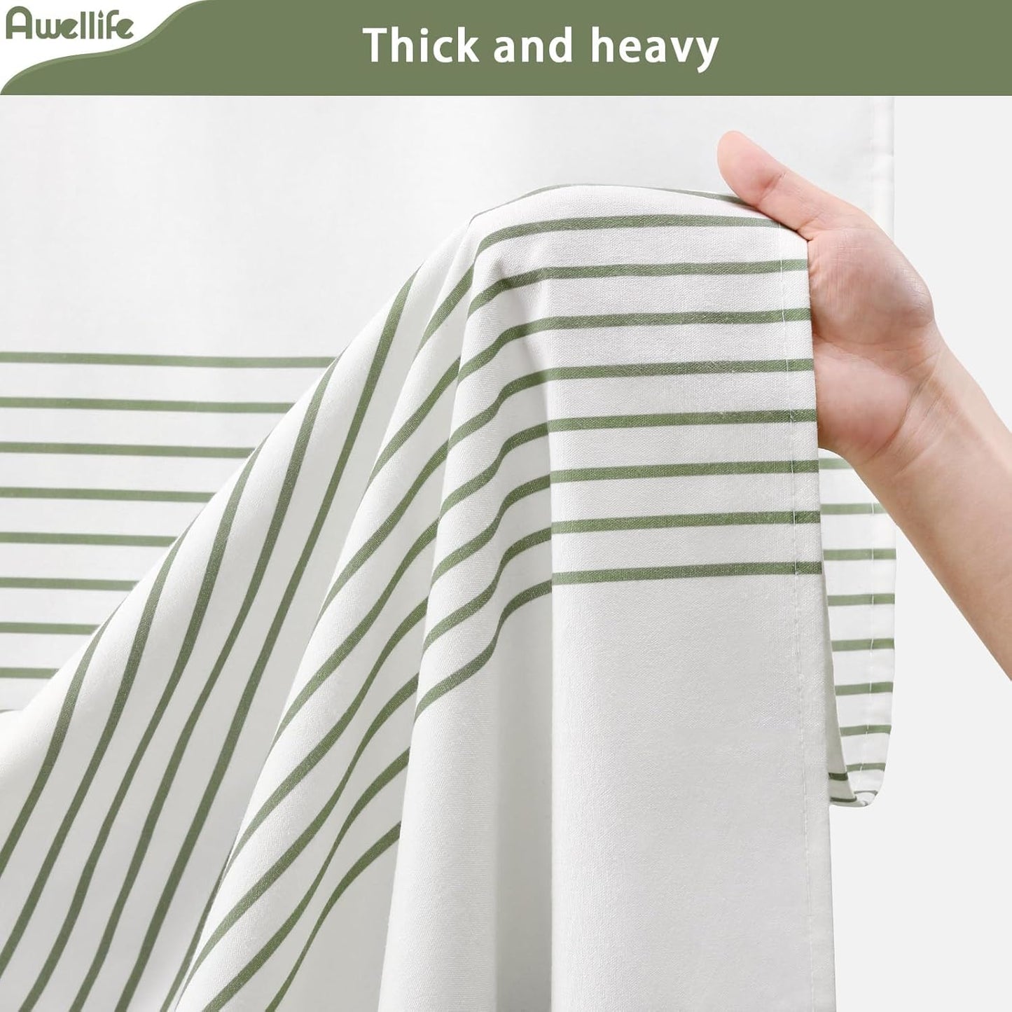 Awellife Sage Green Shower Curtain for Bathroom Stripe Tassel Shower Curtain 72 X 78 Inches Farmhouse Cotton Long