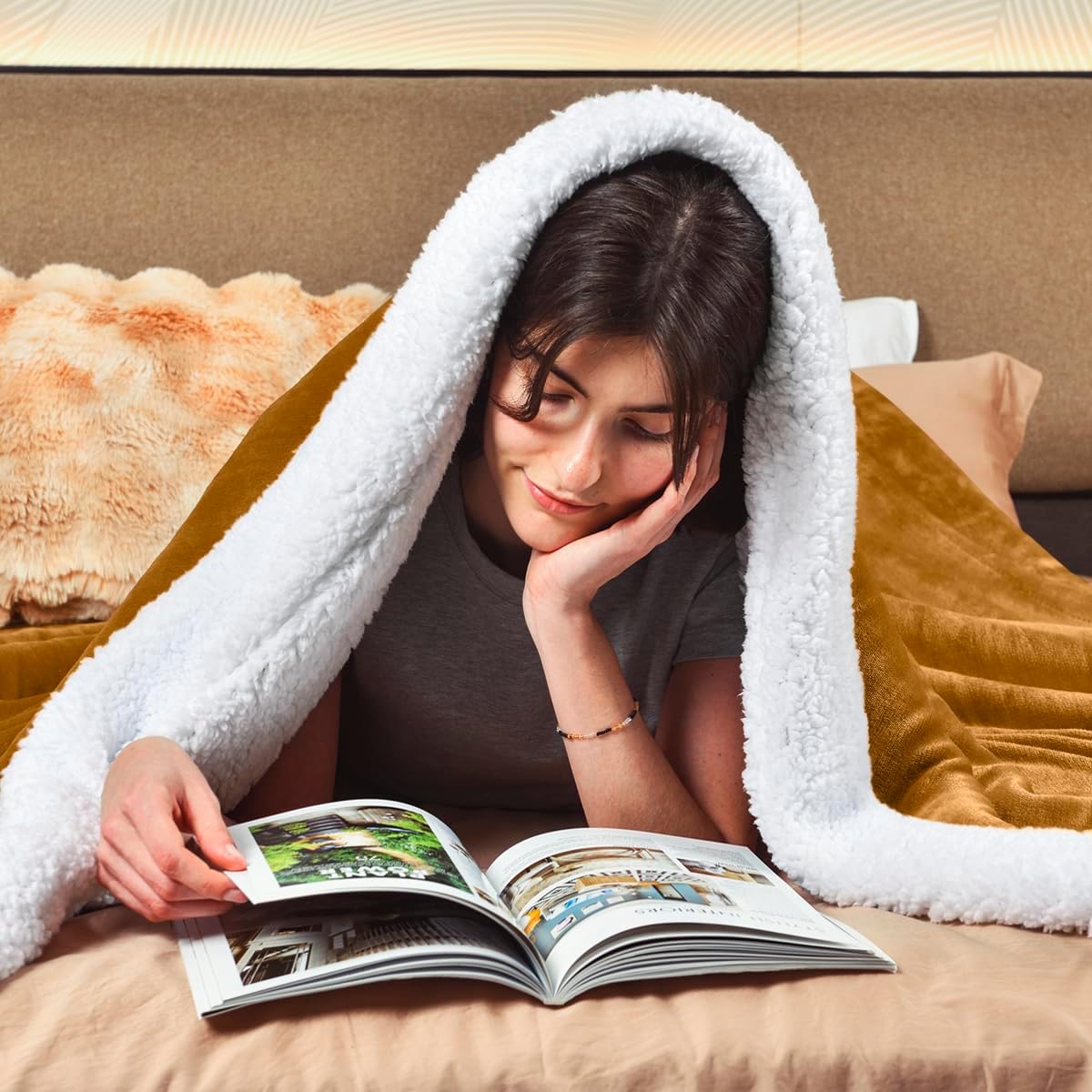 KAWAHOME Sherpa Fleece Twin Size Blanket for Bed - Extra Warm and Heavy Thick Blankets for Winter, Super Soft 500GSM Plush Blanket, 66"X 90" Ginger Yellow