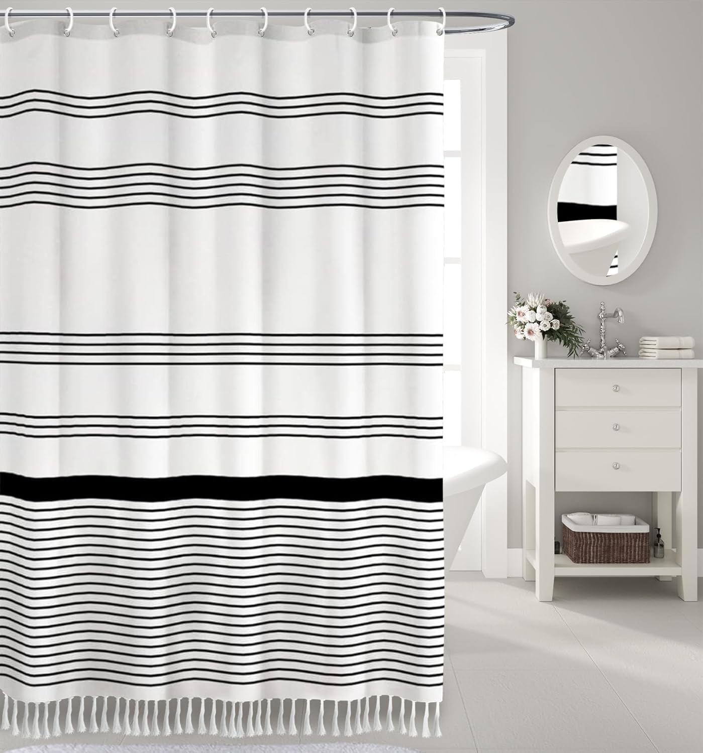 Awellife Black and White Boho Shower Curtain for Bathroom Stripe Tassel Shower Curtain 72 X 72 Inches Farmhouse Cotton