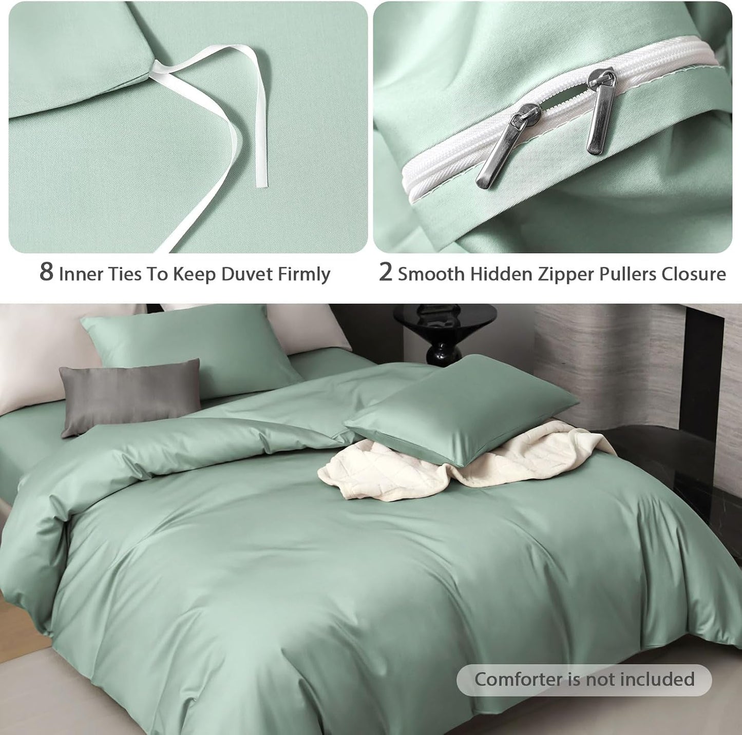 PURE ERA Duvet Cover Set 800 Thread Count Long Staple Cotton Sateen Silky Soft Luxurious Smooth 3 Piece Set Light Sage Green Queen